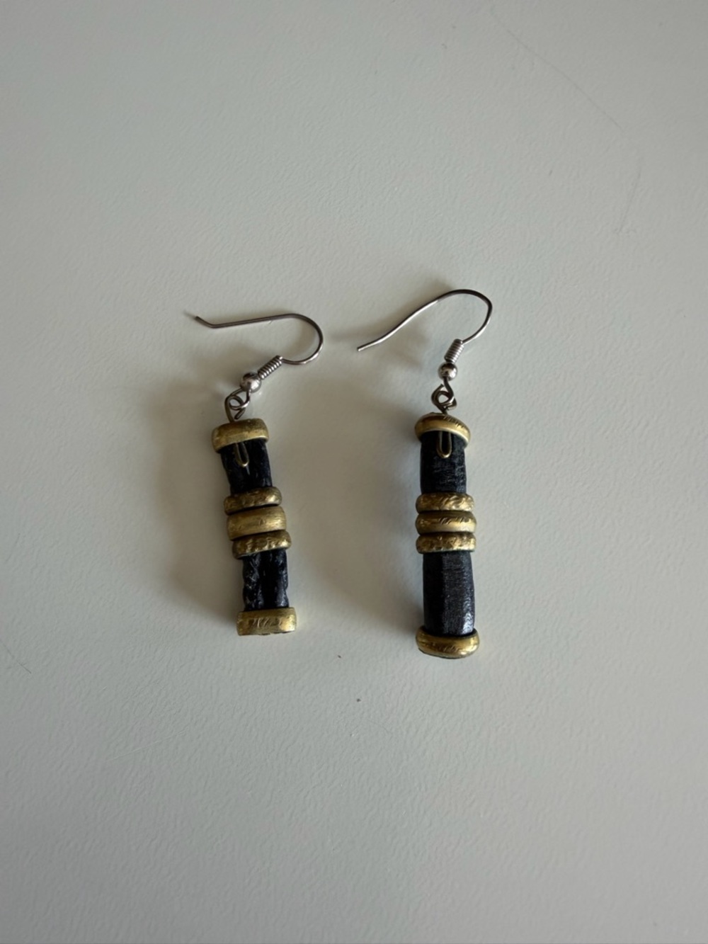 Black Faux Leather Brass Tone Boho Dangle Earrings
